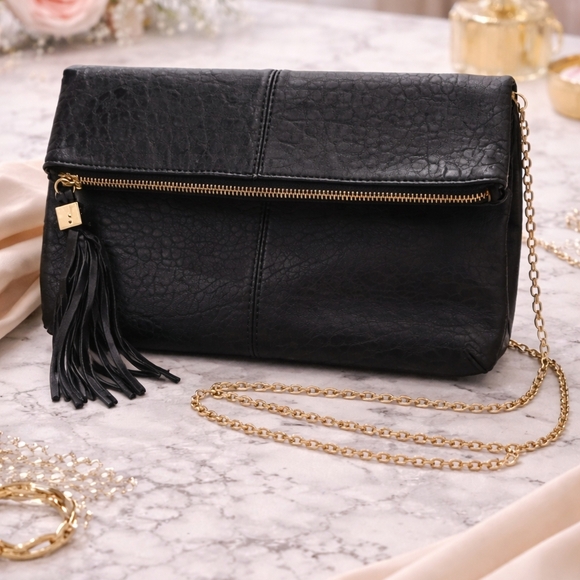 ,   Moda Luxe Handbags - Moda Luxe classic Black Leather Foldover Shoulder Bag with Tassel and Gold Chain